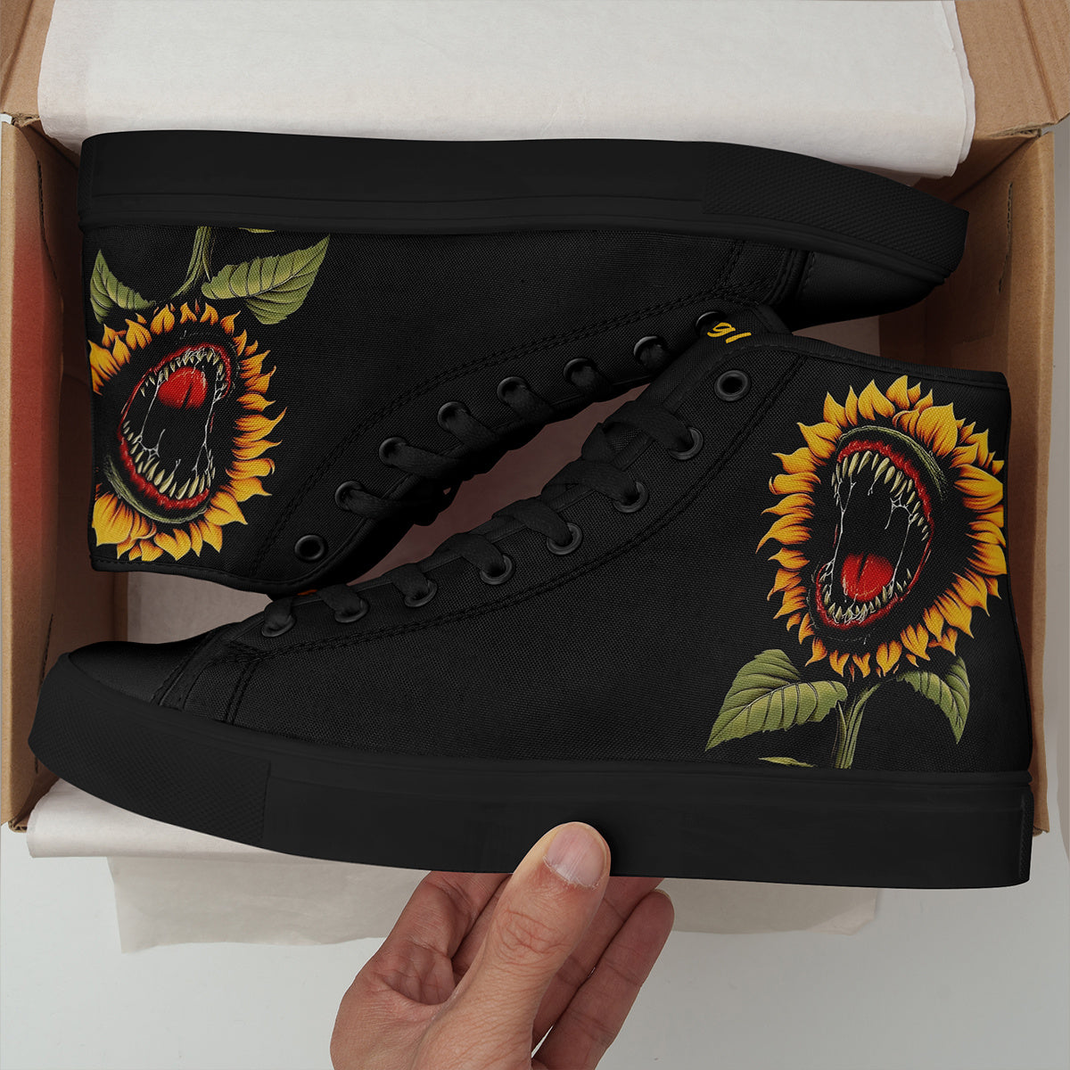 Men's PLUS SIZE Funny Sunflower High-Top Sneakers, Gothic Skull Print Punk Shoes, Casual Lace-Up Trainers for Streetwear and Daily Wear