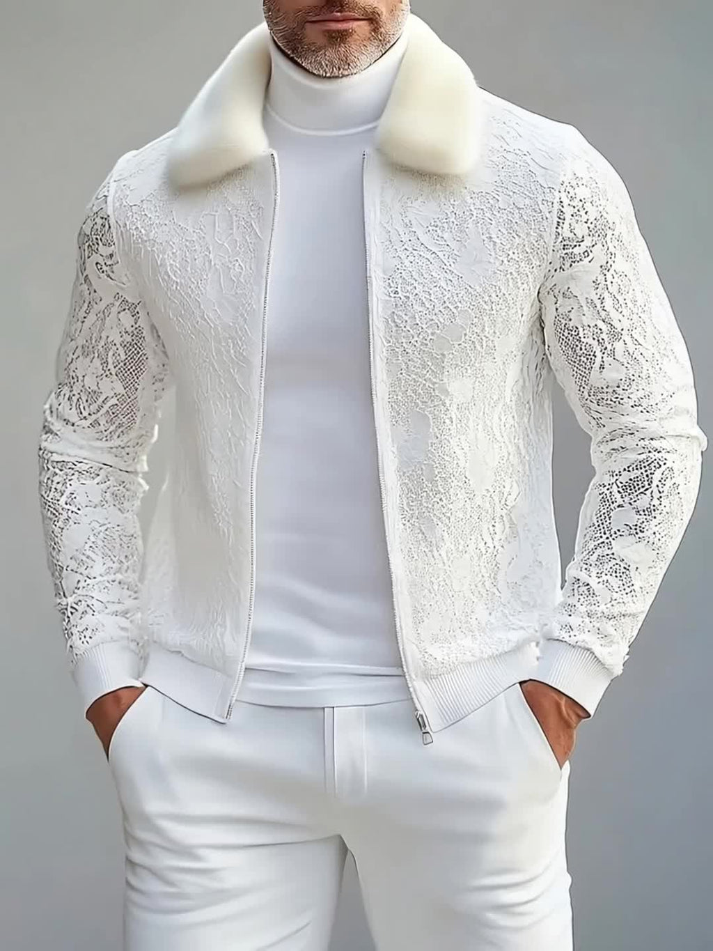 [Men's Lace Jacket] Furry Men's Zip Up Jacket | Lace Long Sleeve Turndown Collar