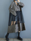 Medium-Long Stylish Spliced Suit Mesh Hollow Long-Sleeved Slim-Fit Jacket Retro Solid Color Outerwear Spliced Trench Coat