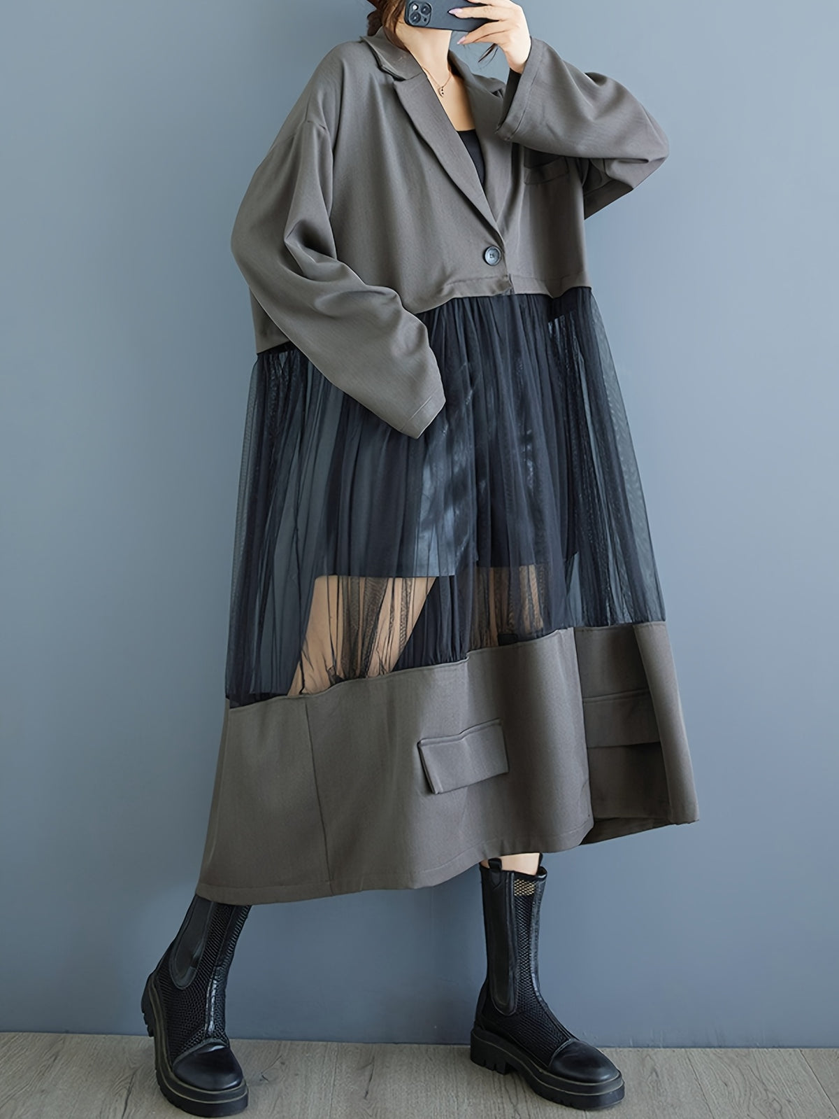 Medium-Long Stylish Spliced Suit Mesh Hollow Long-Sleeved Slim-Fit Jacket Retro Solid Color Outerwear Spliced Trench Coat