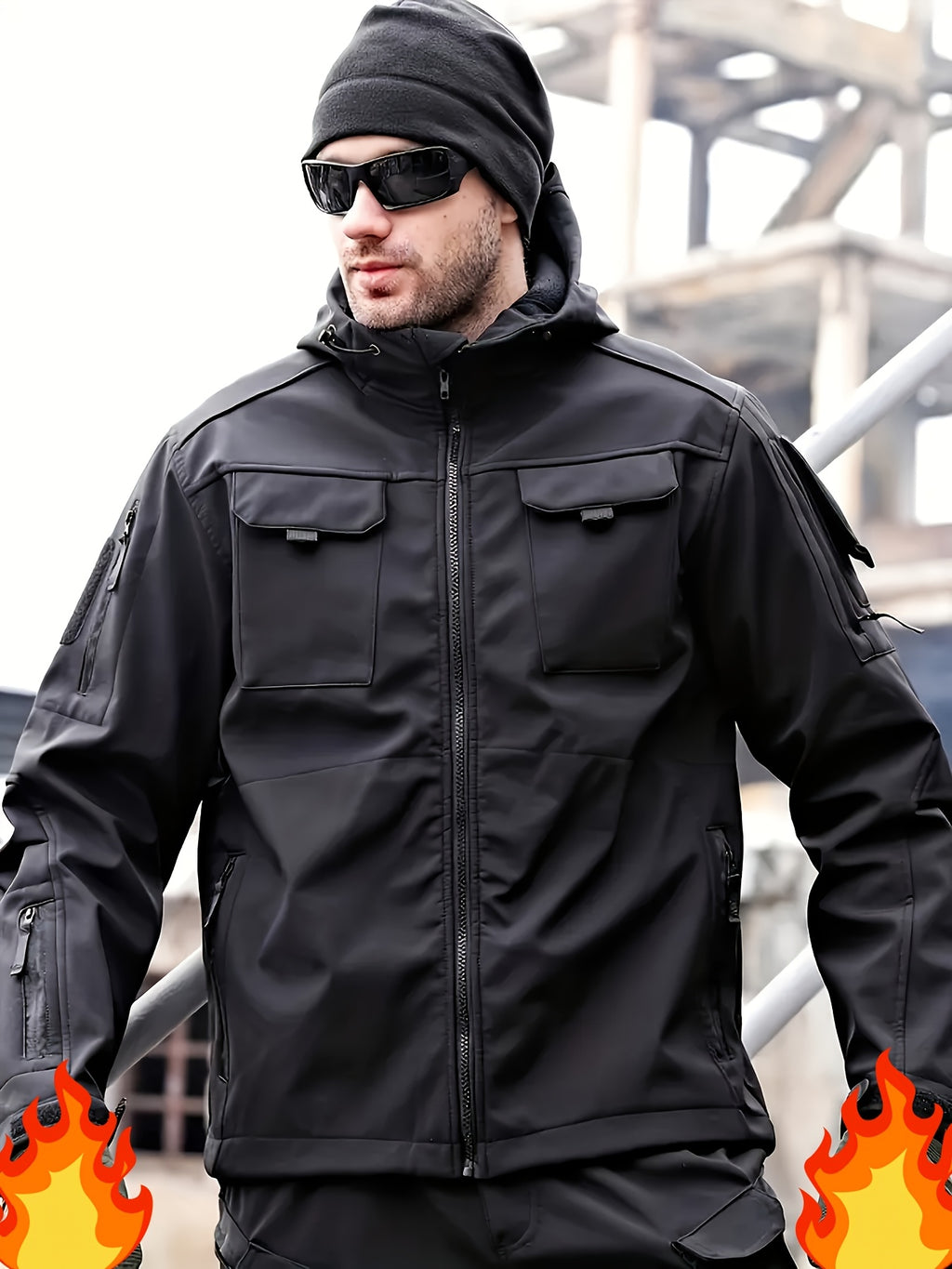 Winter Shark Skin Softshell Hooded Jacket Multi-pocket Tactical Windbreaker for Outdoor Adventures -lined Thermal Fabric Ideal for Snowy Weather and Hiking ExcursionsWinter Shark Skin Softshell Hooded Jacket Multi-pocket Tactical Windbreaker Fo
