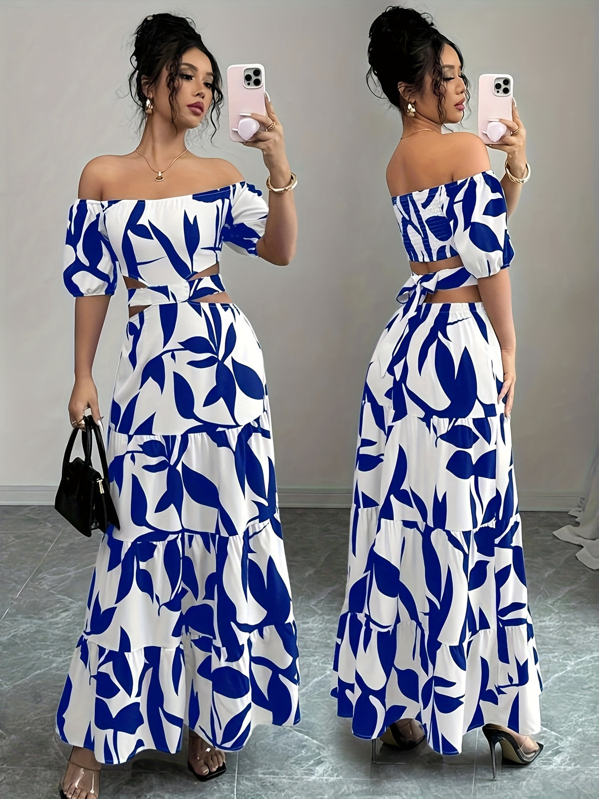 Women'S Off-Shoulder Floral Print Maxi Dress with Belt - Elegant Asymmetrical Hem, Sleeveless Vacation Dress in Black & White Floral Pattern, Lightweight Polyester for Summer Getaways, Cute Summer Dresses