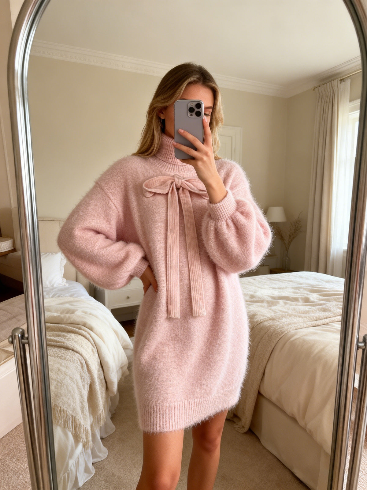 Women's Fashion Cashmere Sweater with Large Bow Detail, Spliced Wide Sleeve Dress, Elegant Pullover, Casual Party Commute Pretty Comfortable Long Top, Pink Sexy Women's Mini Skirt