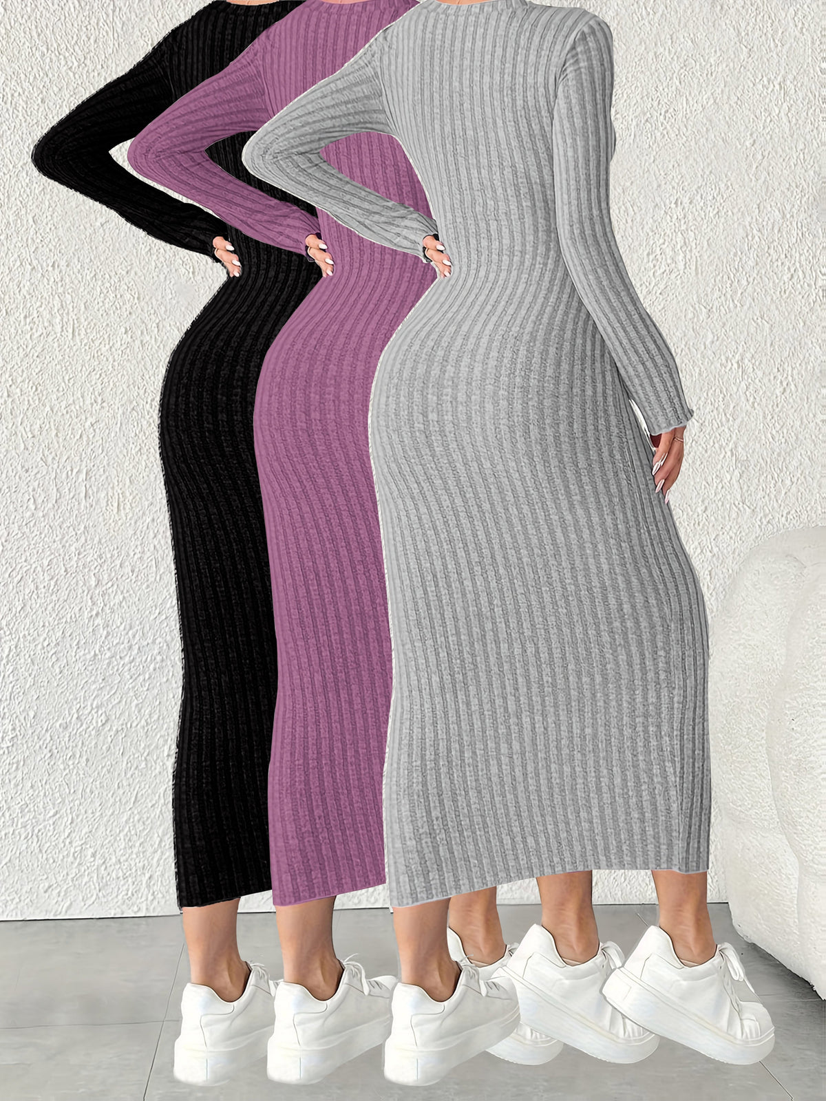 3pcs Solid Color Long Sleeve Ribbed Pullover Dress for Women