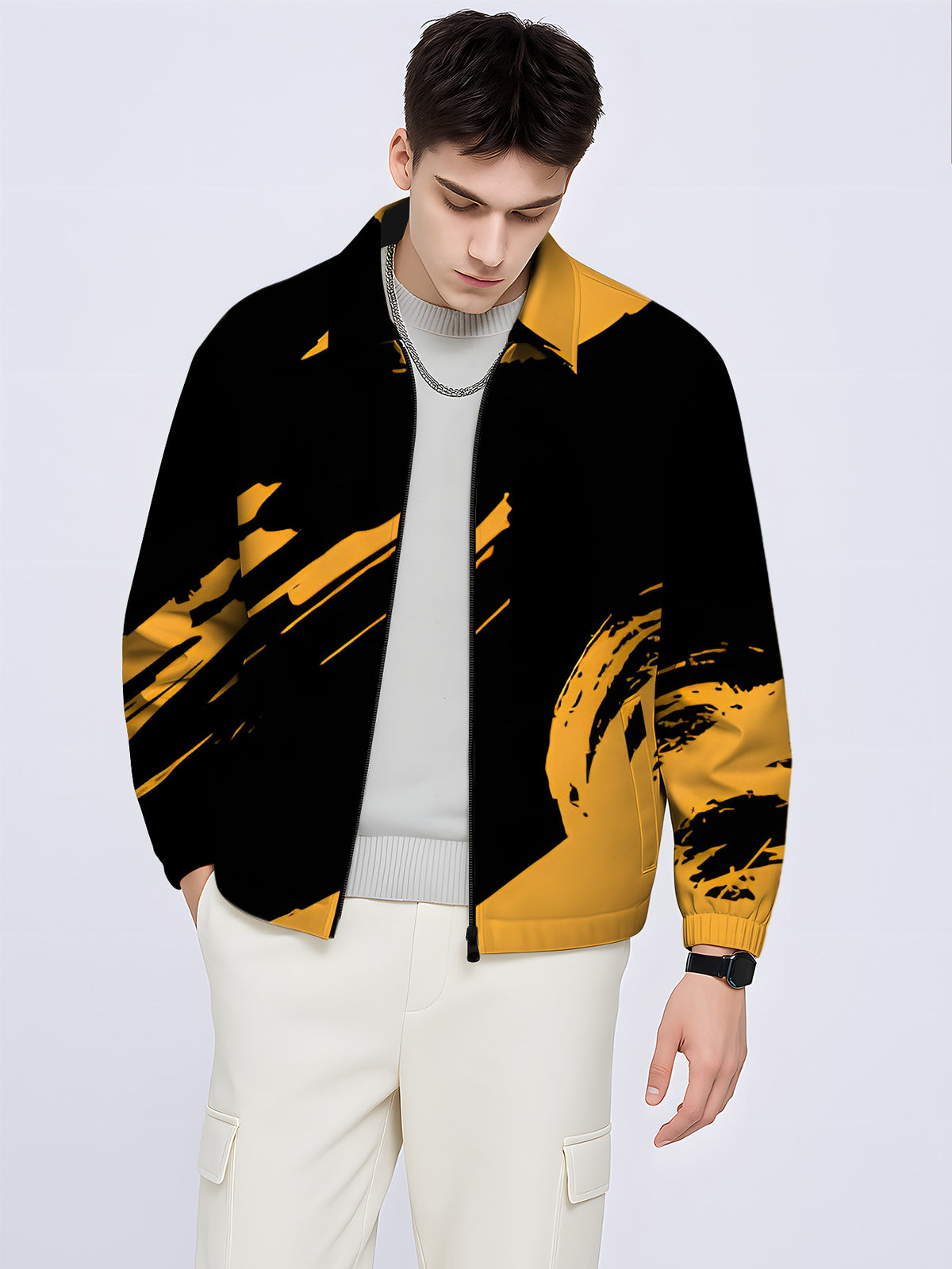 New Men's Lapel Jacket Outerwear, Trendy Brand Fashion Men's Outdoor Jacket, Loose and Comfortable Black and Yellow Color Scheme, Abstract Style, Digital Print, Regular Versatile Short Workwear Jacket for Men