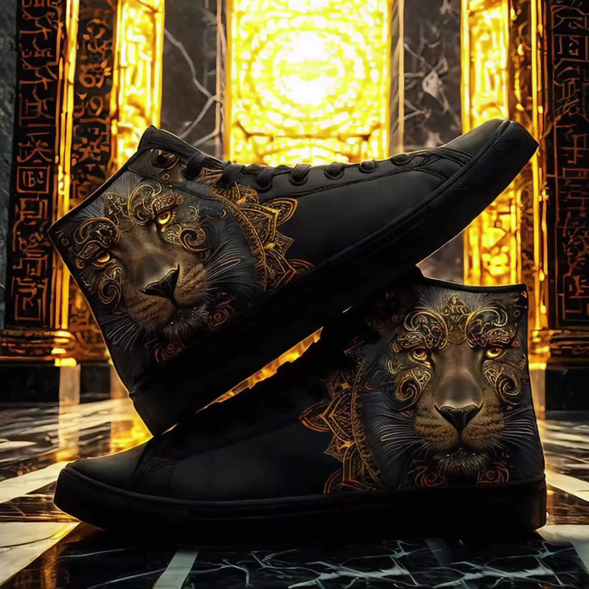 Men'S High Top Sneakers with Golden Lion Mandala Design, Street Style Shoes for Casual Wear, Walking And Urban Fashion, Comfortable Stylish Durable Couple Shoes, Perfect Gift for Fashion Lovers