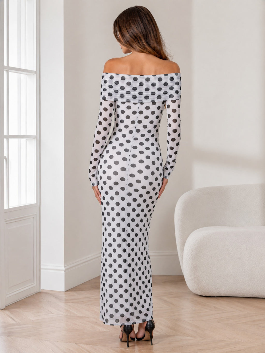 Women's Off Shoulder Polka Dot Mesh Midi Dress, Long Sleeve Ruched Bodycon Sheer Mesh Party Maxi Dress