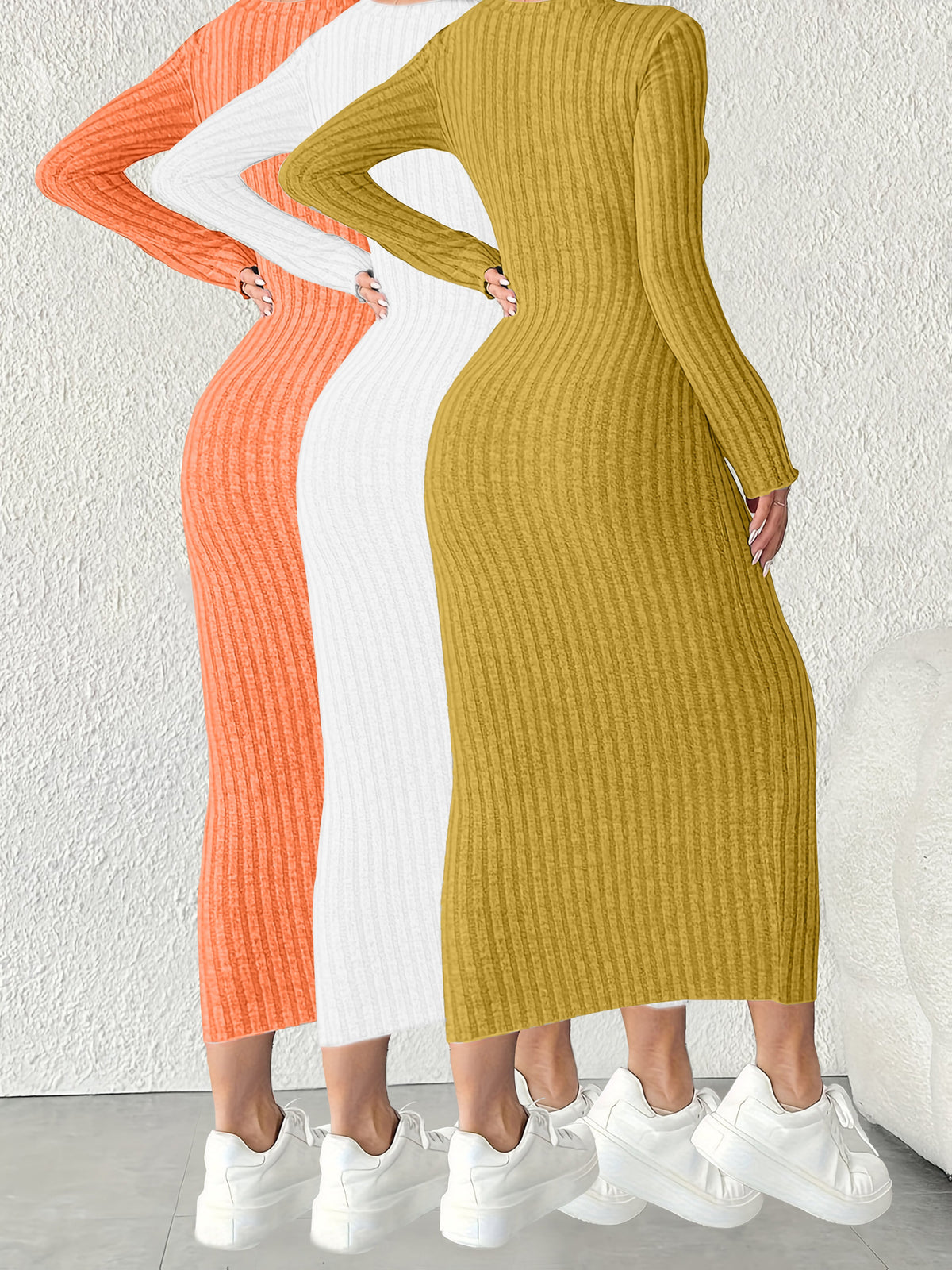 3pcs Solid Color Long Sleeve Ribbed Pullover Dress for Women