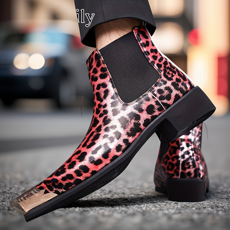 Men'S Cowboy Boots Wedge Heel Pointed Toe Leopard Print Classic Men'S Boots Chelsea Boots