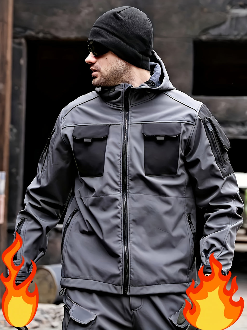 Winter Shark Skin Softshell Hooded Jacket Multi-pocket Tactical Windbreaker for Outdoor Adventures -lined Thermal Fabric Ideal for Snowy Weather and Hiking ExcursionsWinter Shark Skin Softshell Hooded Jacket Multi-pocket Tactical Windbreaker Fo