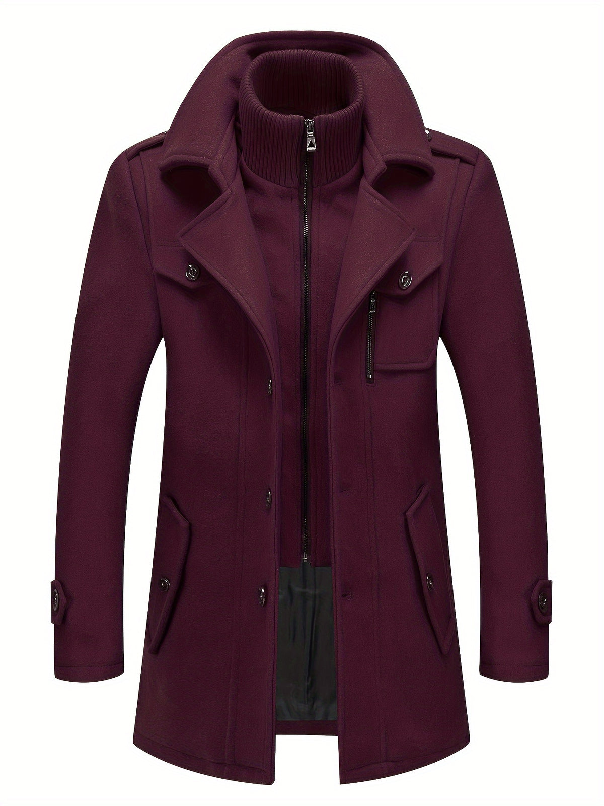 Men's Stand Collar Fleece Blend Pea Coats with Removable Inner Collar Single Breasted Overcoat
