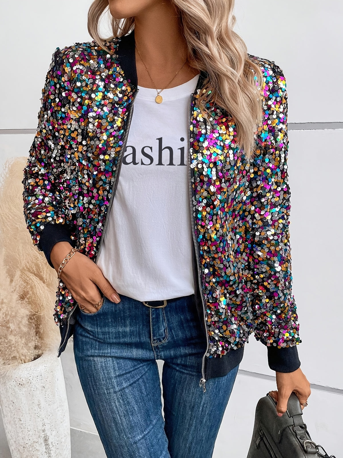 Elegant Sequin-Adorned Jacket for Women - Chic Zip-Up Bomber Style with Baseball Collar, Long Sleeves, and Colorful Dot Pattern - Perfect for Spring/Fall, Non-Stretch Polyester Fabric