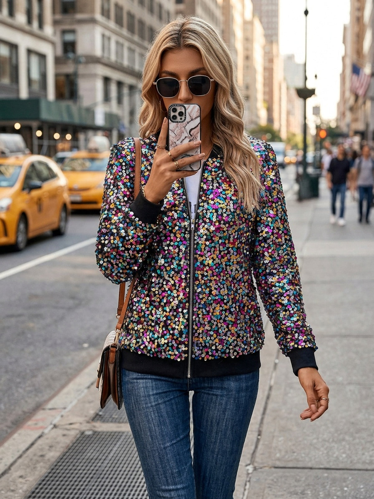 Elegant Sequin-Adorned Jacket for Women - Chic Zip-Up Bomber Style with Baseball Collar, Long Sleeves, and Colorful Dot Pattern - Perfect for Spring/Fall, Non-Stretch Polyester Fabric