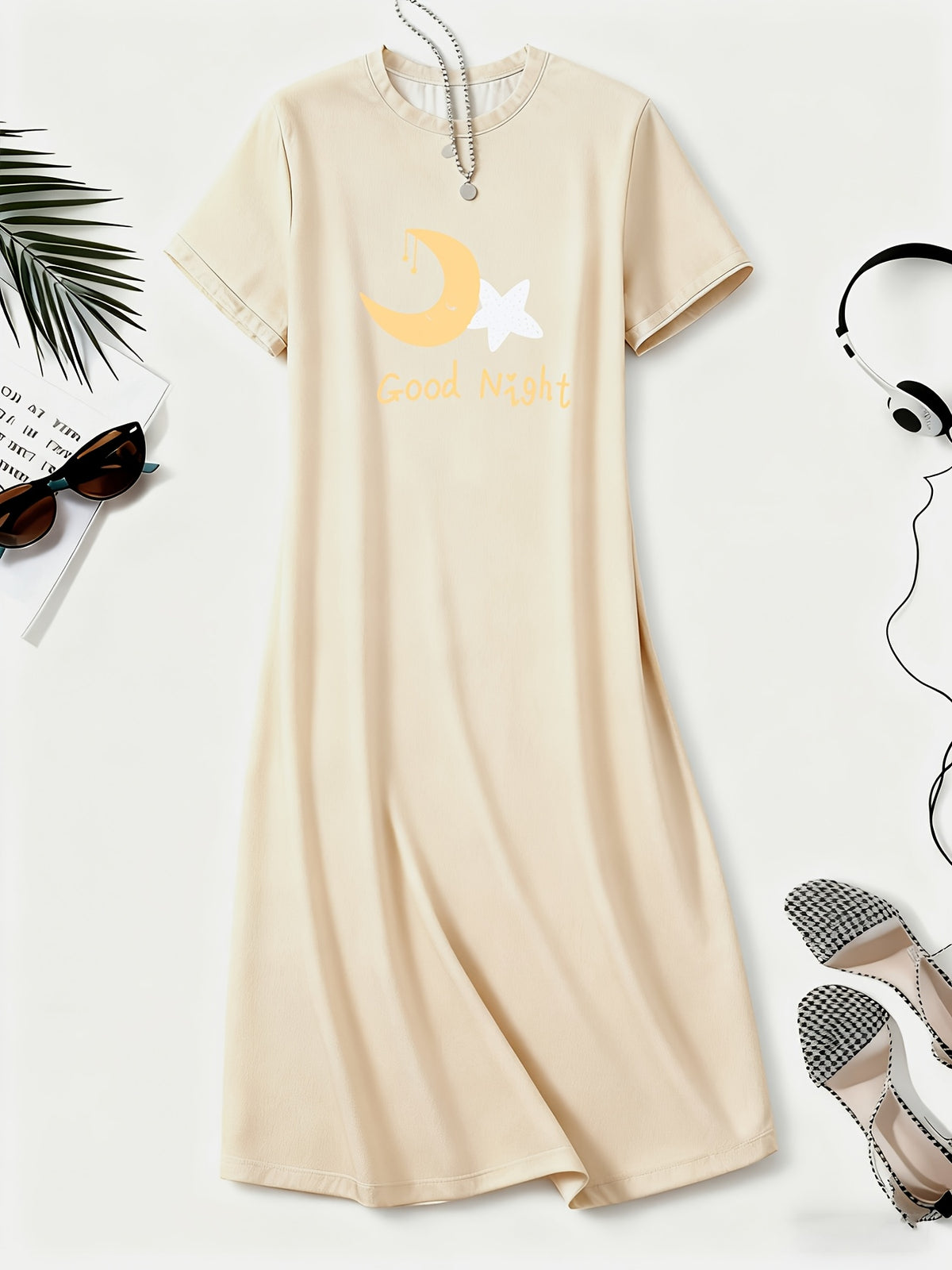 Women'S Good Night Moon and Star Print Casual Dress, Round Neck, Short Sleeve, Loose Fit, Breathable, All-Season Nightwear, Suitable for Bedroom and Home Wear- Overseas Printing