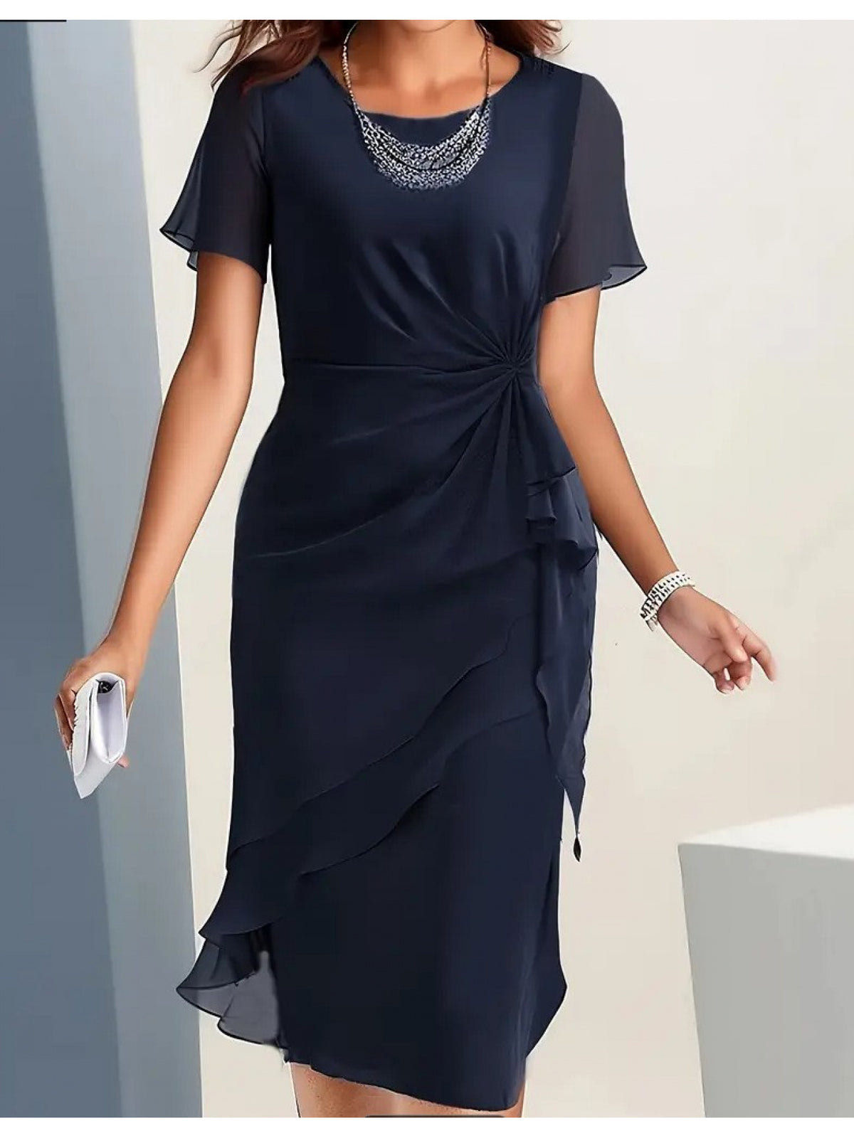 Summer Patchwork Chiffon Women'S Slim-Fit Dress - Round Neck, Short Sleeve, Mid-Length, Waist Twist Design, Asymmetrical Ruffle Hem, Elegant Party Outfit, Suitable for Wedding Guests Or Evening Events