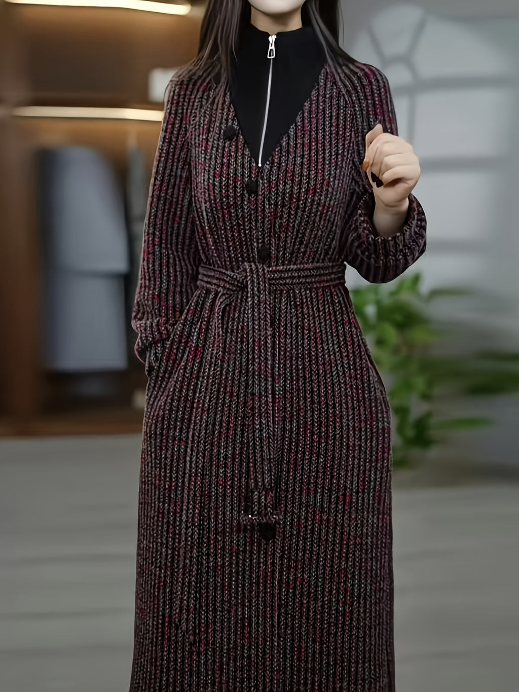 This Women'S High-Neck Zip-Up Faux Two-Piece Mink Velvet Dress Features a Removable Waist Tie Design for a Fitted Look. It'S a Long-Sleeve Dress Suitable for Spring, Autumn, And Winter, Providing Warmth As a Base Layer. Perfect for Casual Outings