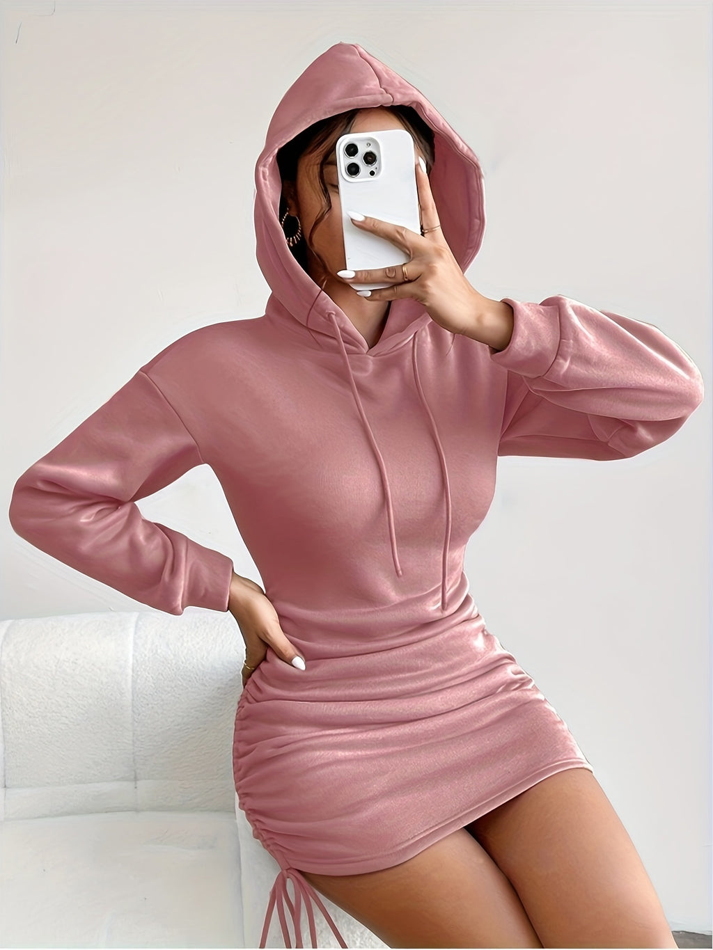 Youduomi Women's Vintage-Style European/American V-Neck Hooded Long-Sleeve Dress, Spicy Spring/Autumn Outerwear, Drawstring Gathered Waist, Slim-Fitting, Hip-Hugging Mini Dress Q148