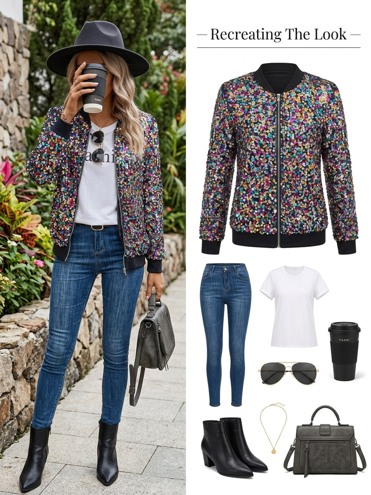 Elegant Sequin-Adorned Jacket for Women - Chic Zip-Up Bomber Style with Baseball Collar, Long Sleeves, and Colorful Dot Pattern - Perfect for Spring/Fall, Non-Stretch Polyester Fabric
