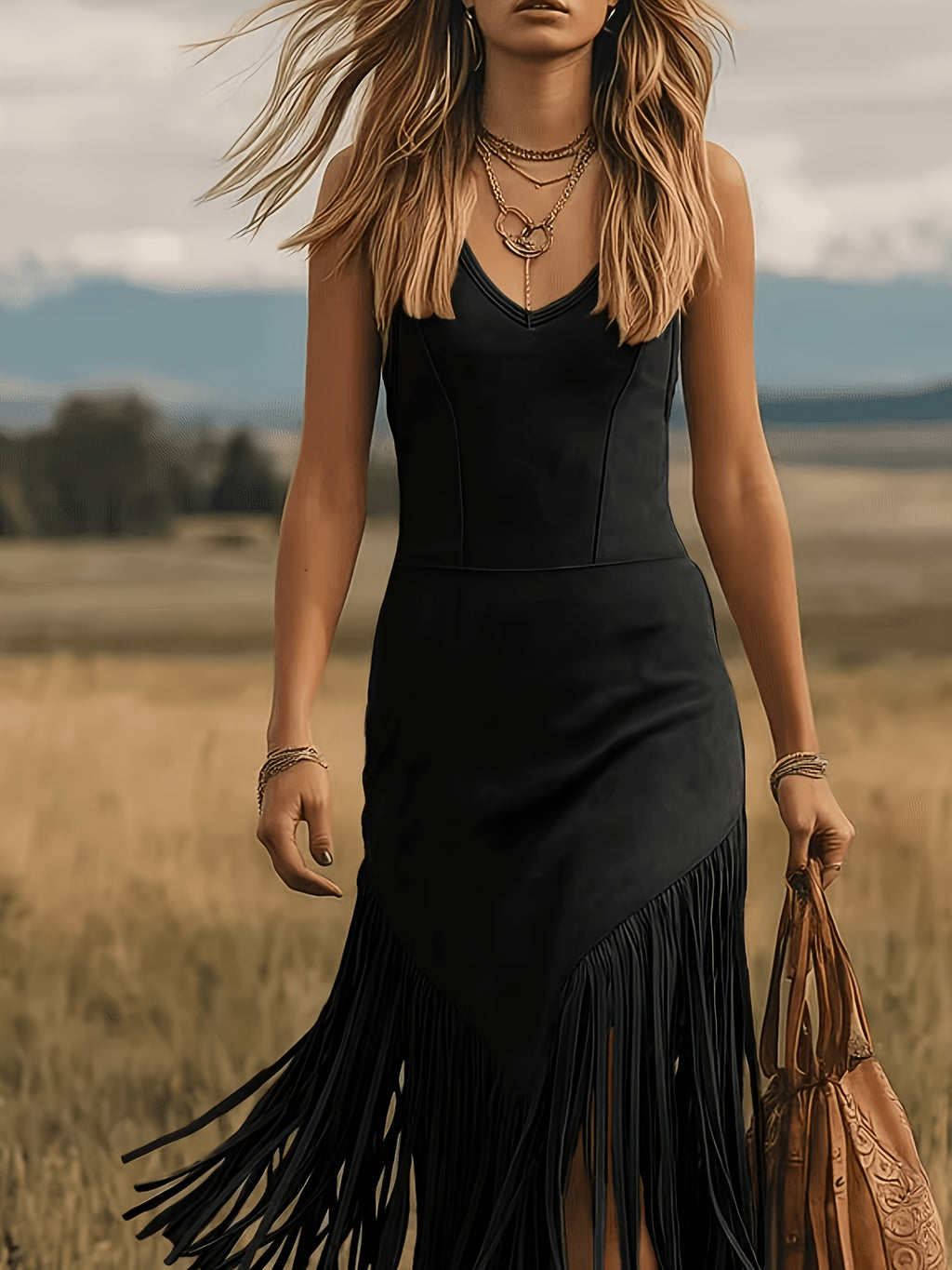[Retro Western Dress] Fashion Retro Western Style Deerskin Velvet Tassel V-Neck Dress Women's Dress YTD Cherry