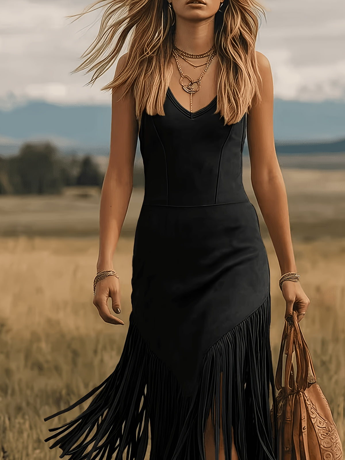 [Retro Western Dress] Fashion Retro Western Style Deerskin Velvet Tassel V-Neck Dress Women's Dress YTD Cherry