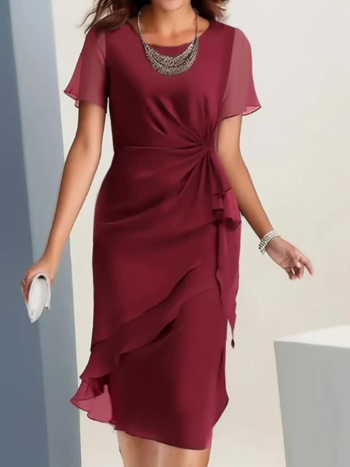 Summer Patchwork Chiffon Women'S Slim-Fit Dress - Round Neck, Short Sleeve, Mid-Length, Waist Twist Design, Asymmetrical Ruffle Hem, Elegant Party Outfit, Suitable for Wedding Guests Or Evening Events