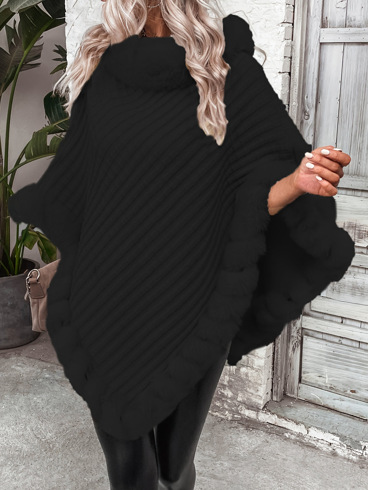 Women'S Elegant Faux Fur Collar Cape Coat - Soft Winter Coat with Plush Fur Trim, All-Season Chic Outerwear for Everyday & Formal Events