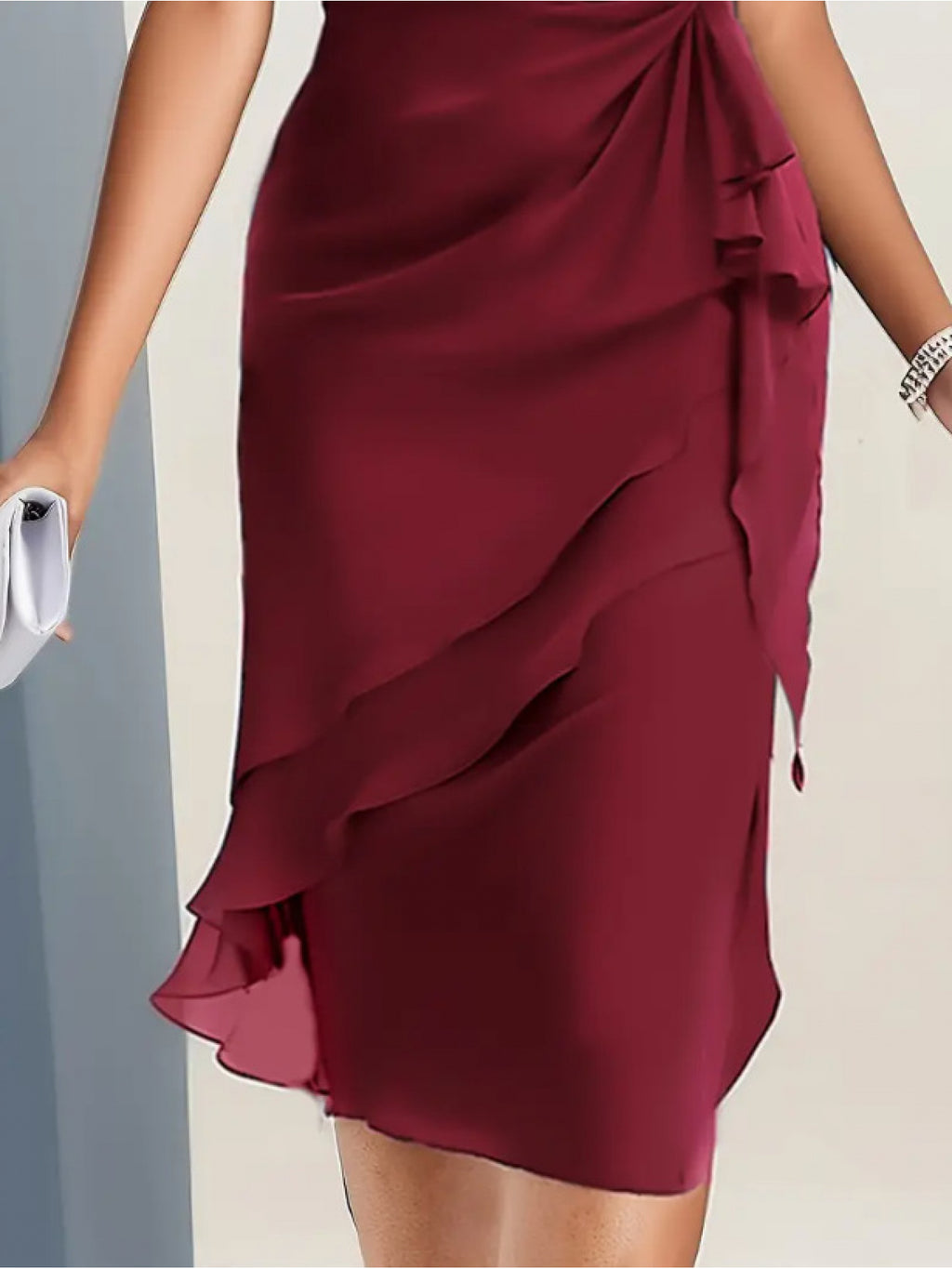 Summer Patchwork Chiffon Women'S Slim-Fit Dress - Round Neck, Short Sleeve, Mid-Length, Waist Twist Design, Asymmetrical Ruffle Hem, Elegant Party Outfit, Suitable for Wedding Guests Or Evening Events