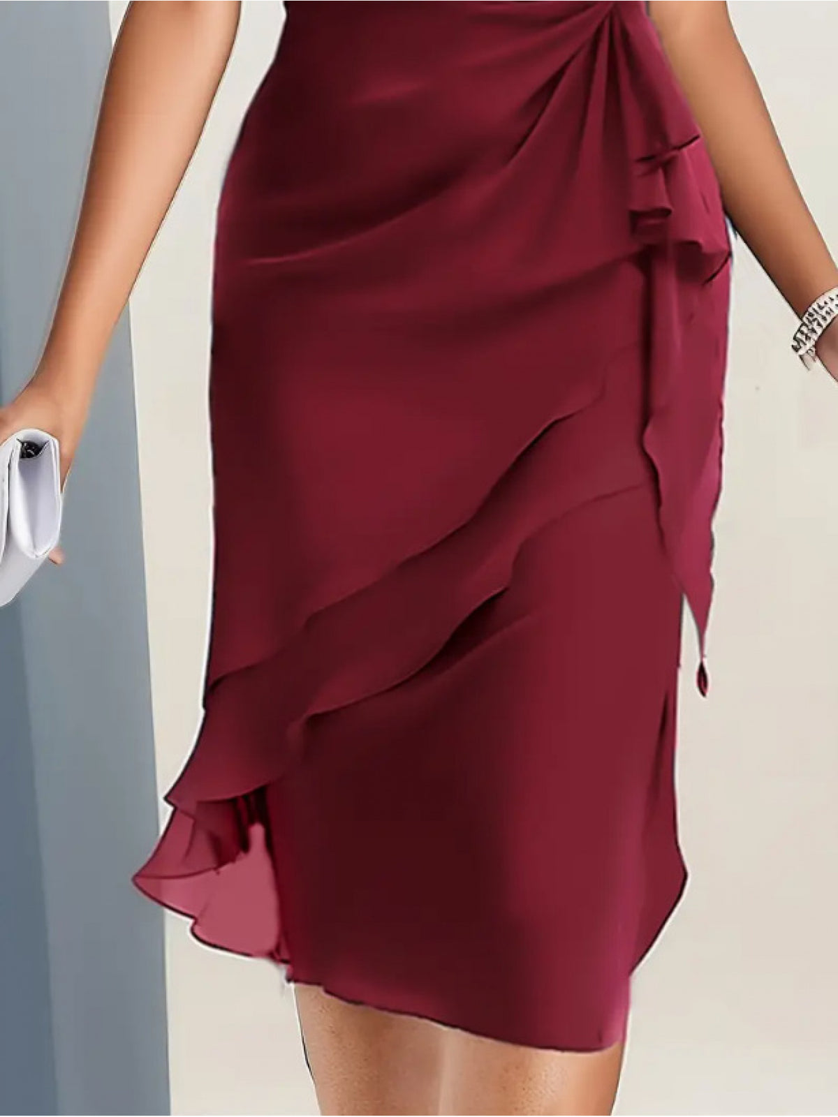 Summer Patchwork Chiffon Women'S Slim-Fit Dress - Round Neck, Short Sleeve, Mid-Length, Waist Twist Design, Asymmetrical Ruffle Hem, Elegant Party Outfit, Suitable for Wedding Guests Or Evening Events