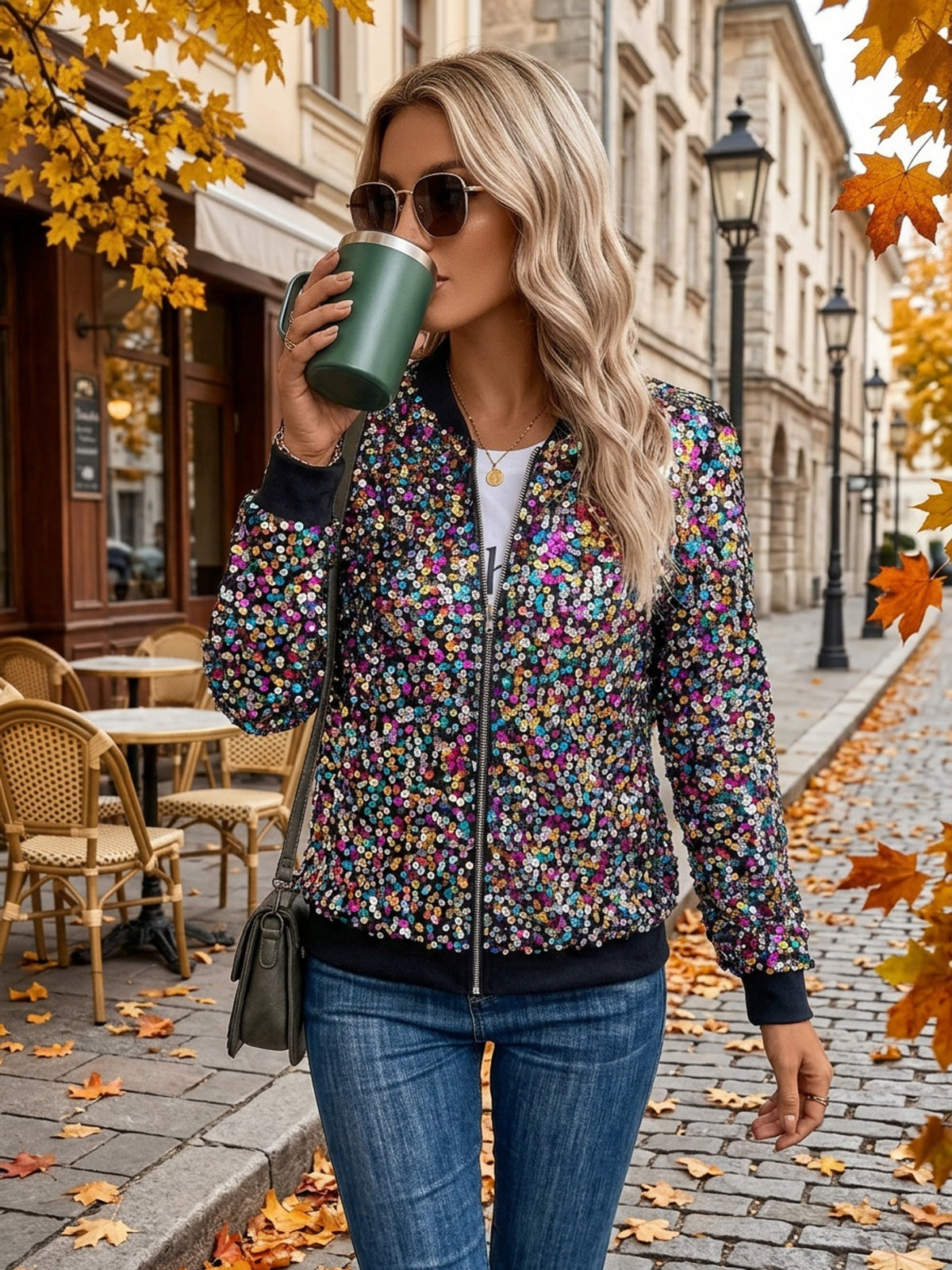 Elegant Sequin-Adorned Jacket for Women - Chic Zip-Up Bomber Style with Baseball Collar, Long Sleeves, and Colorful Dot Pattern - Perfect for Spring/Fall, Non-Stretch Polyester Fabric