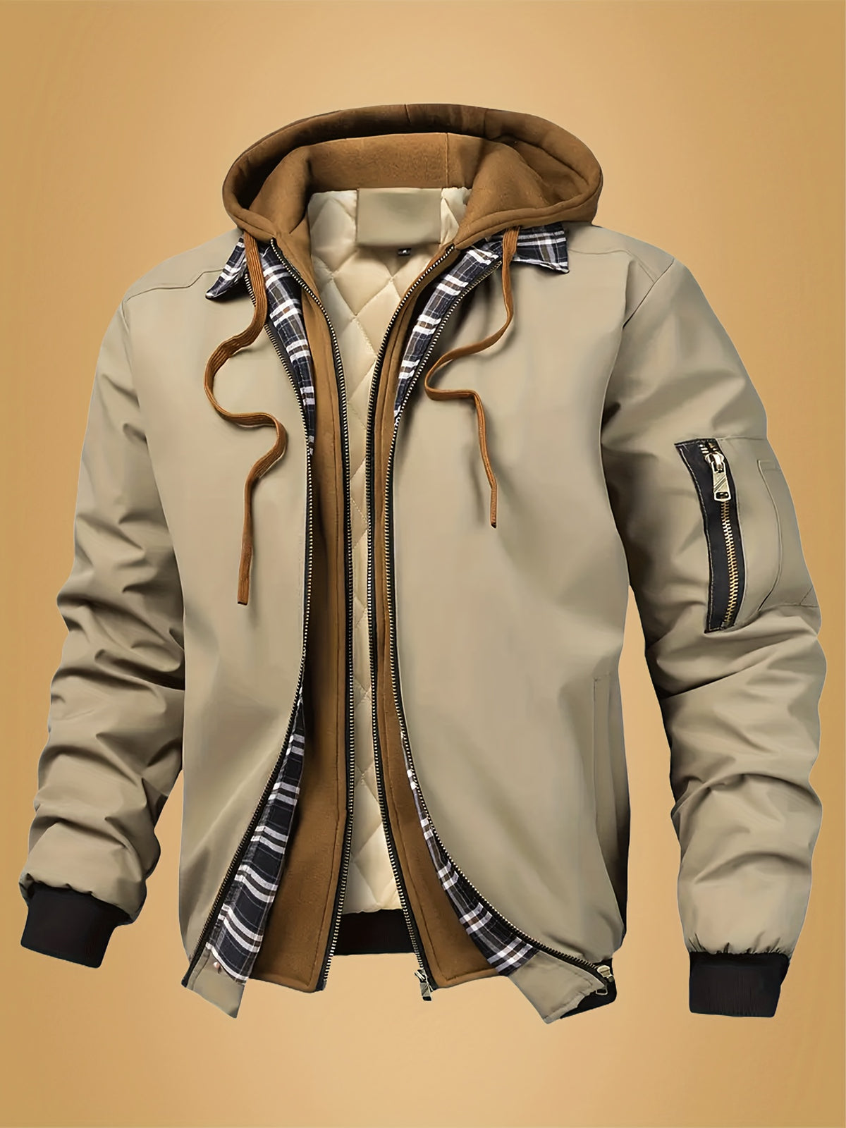 Men's plaid hooded zipper jacket - casual loose fit, brown and black plaid pattern, drawstring hat, long sleeves, polyester lining, perfect for spring, autumn and winter | autumn and winter jacket | plaid pattern jacket | zipper jacket, Outdoor
