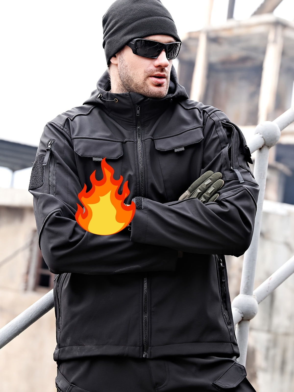 Winter Shark Skin Softshell Hooded Jacket Multi-pocket Tactical Windbreaker for Outdoor Adventures -lined Thermal Fabric Ideal for Snowy Weather and Hiking ExcursionsWinter Shark Skin Softshell Hooded Jacket Multi-pocket Tactical Windbreaker Fo