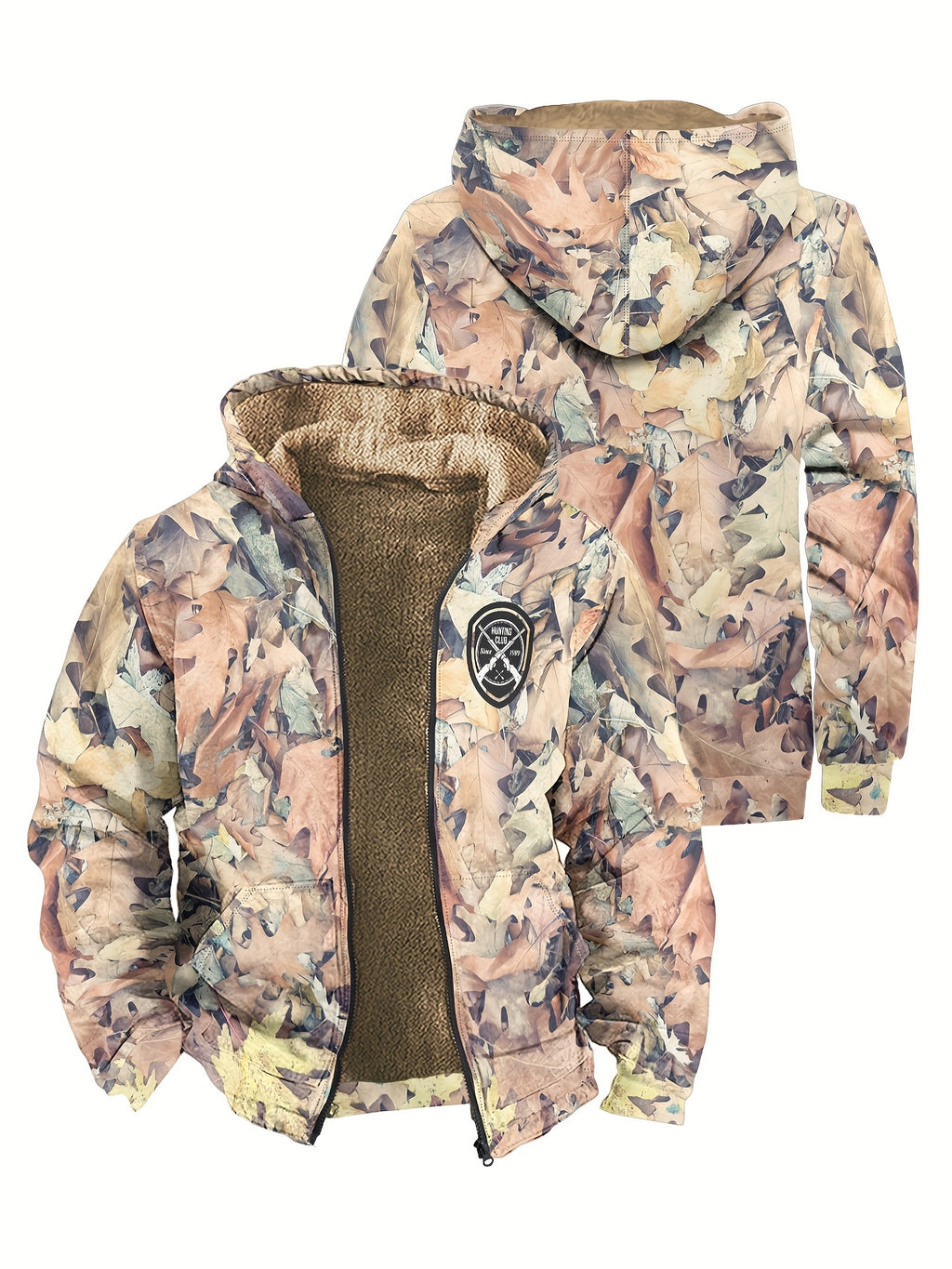 Men'S Autumn Winter Leaf Print Casual Matching Fleece Lined Zip-Up sweatshirt, Hunting