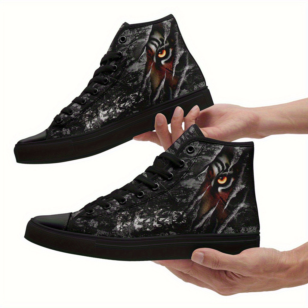 Men's Gothic Punk Sneakers - High-Top Shoes with Lace-Up Closure, Non-Slip Rubber Sole - All-Season Streetwear Footwear for Concerts, Parties, Everyday Edgy Fashion - Gothic Tiger-like Graphic Trainers, Casual Streetwear, Durable Traction Sole