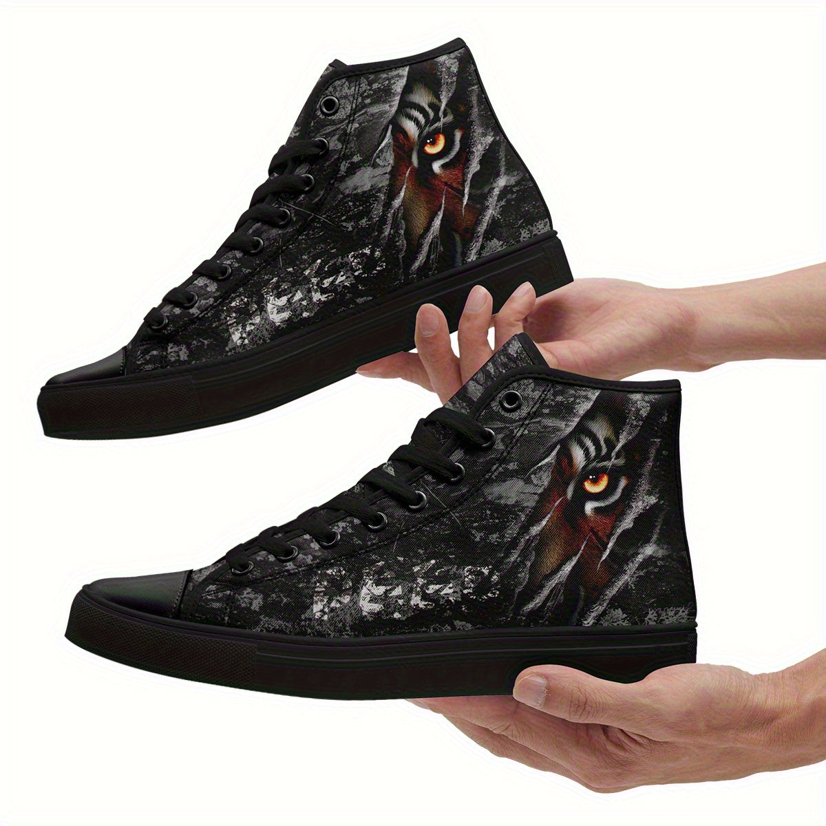 Men's Gothic Punk Sneakers - High-Top Shoes with Lace-Up Closure, Non-Slip Rubber Sole - All-Season Streetwear Footwear for Concerts, Parties, Everyday Edgy Fashion - Gothic Tiger-like Graphic Trainers, Casual Streetwear, Durable Traction Sole