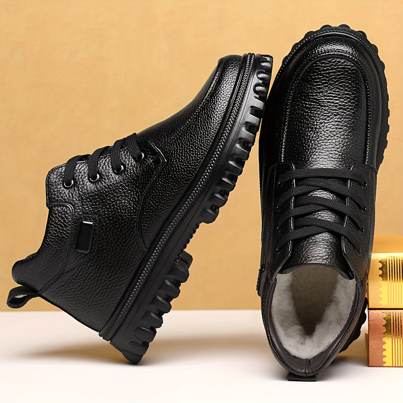 Men's Winter High-Top Shoes with Lining, Warm Genuine Leather Casual Boots, Large Size Soft Sole, Wear-, Slip-, High Quality Snow Boots