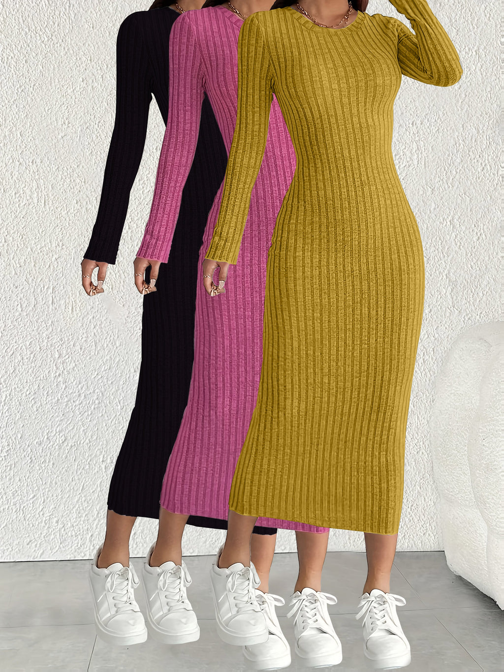 3pcs Solid Color Long Sleeve Ribbed Pullover Dress for Women