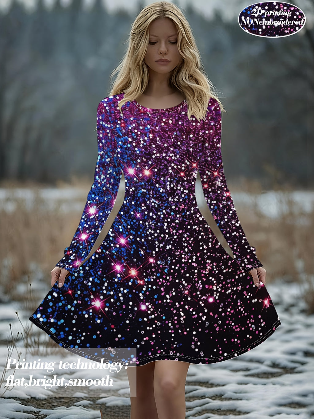 Women's Oversized A-Line Dress Compatible for Parties/Dates - Soft Stretch Round Neck Long Sleeve Midi Length Dress, Loose Fit Casual Wear, Machine Washable Spring Summer Fall Dress