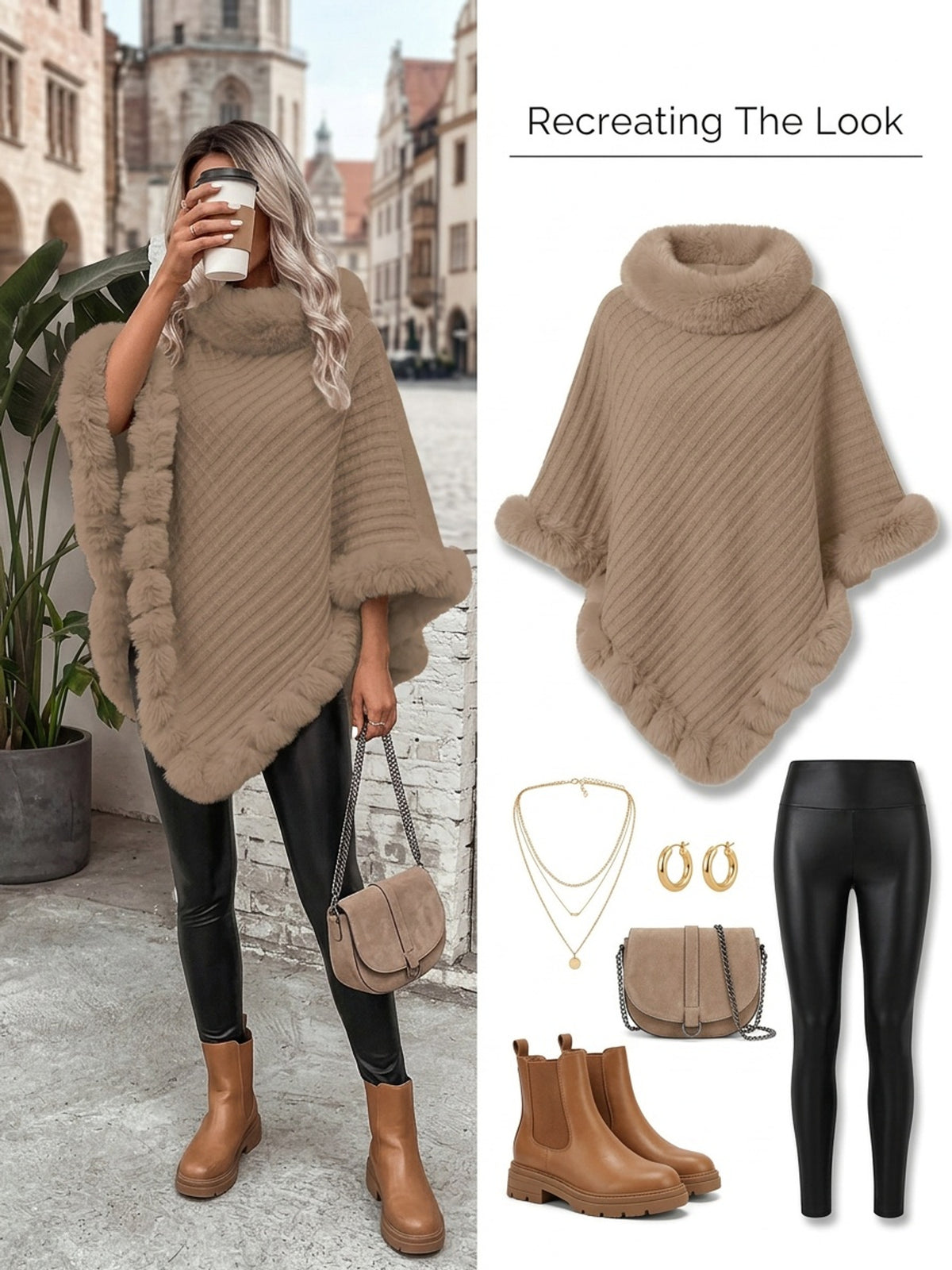 Women'S Elegant Faux Fur Collar Cape Coat - Soft Winter Coat with Plush Fur Trim, All-Season Chic Outerwear for Everyday & Formal Events