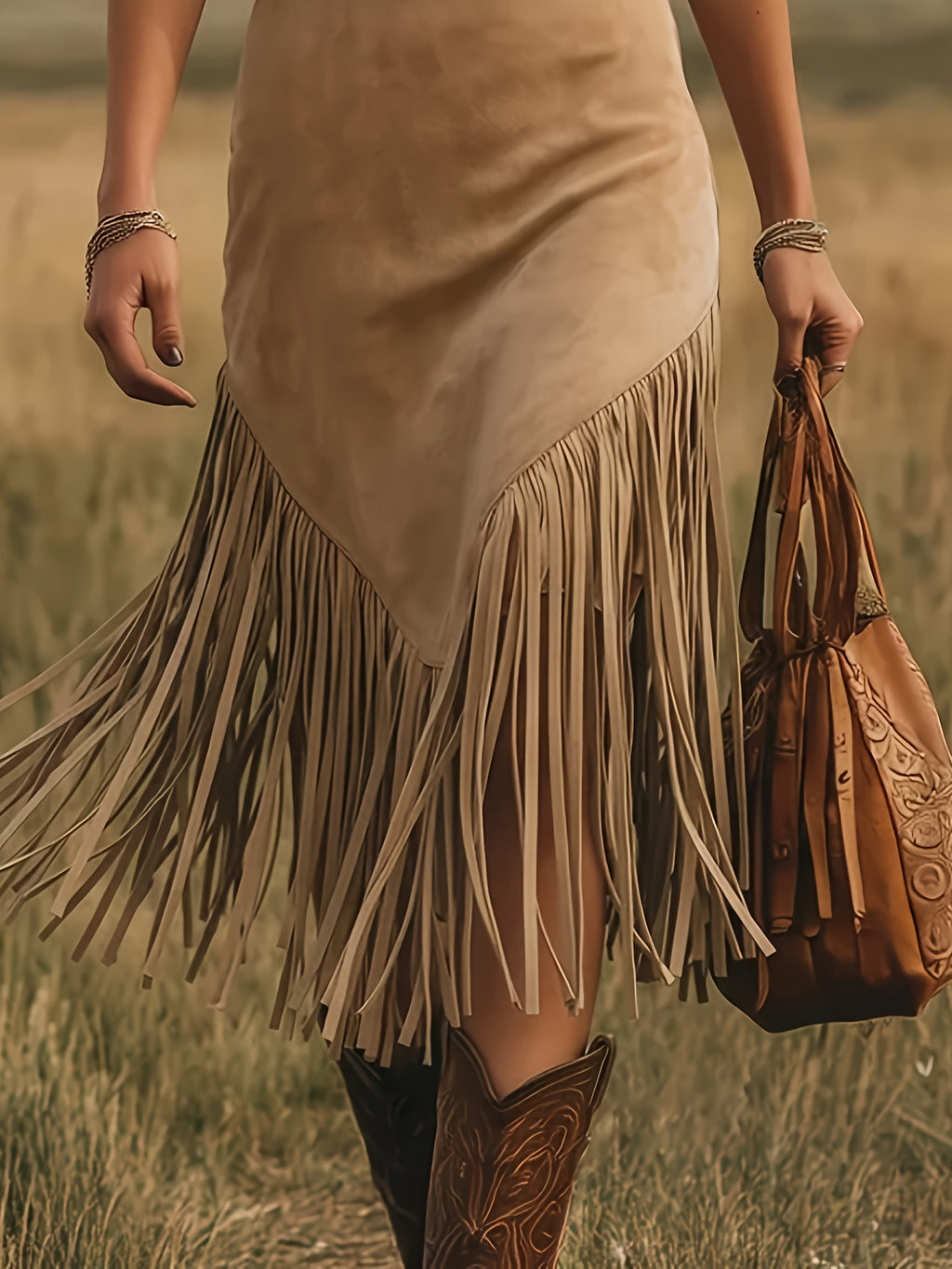 [Retro Western Dress] Fashion Retro Western Style Deerskin Velvet Tassel V-Neck Dress Women's Dress YTD Cherry