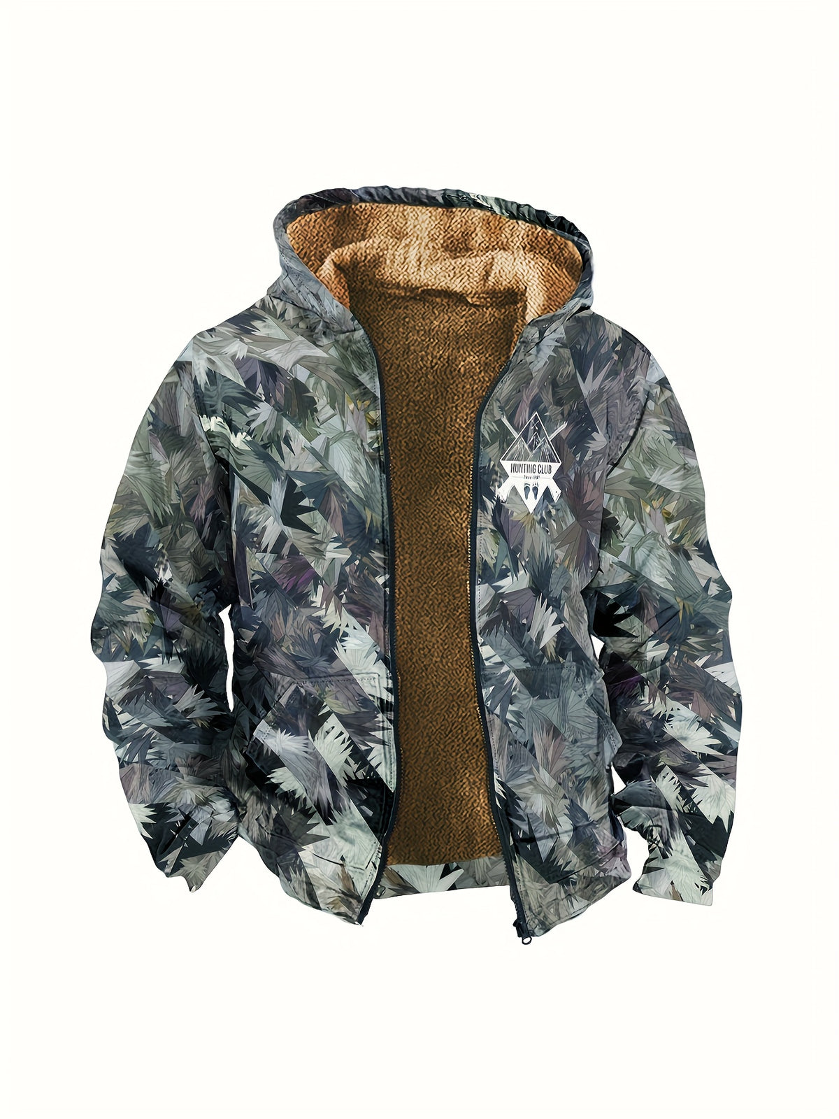 Men'S Autumn Winter Leaf Print Casual Matching Fleece Lined Zip-Up sweatshirt, Hunting