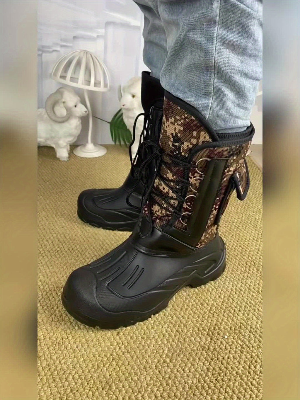 Men's Winter Warm and Comfortable Outdoor Snow Boots - Non-Slip Ankle Boots for Hiking and Trekking - Plush Lined - Men's Fashion Sports Shoes with Plush Fur Lining, Thickened and Insulated for Cold Weather Protection - Black with Faux Fur Trim