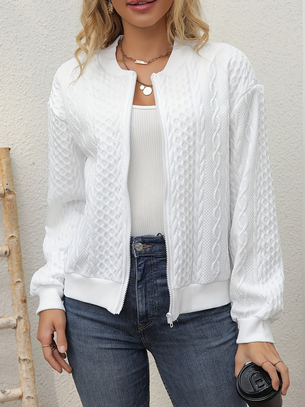New Fashion Women'S Solid Color Casual Full-Zip Jacket for Early Autumn, Featuring a Jacquard Baseball Collar, Perfect for Autumn And Winter, Easy And Versatile Long-Sleeve Outerwear
