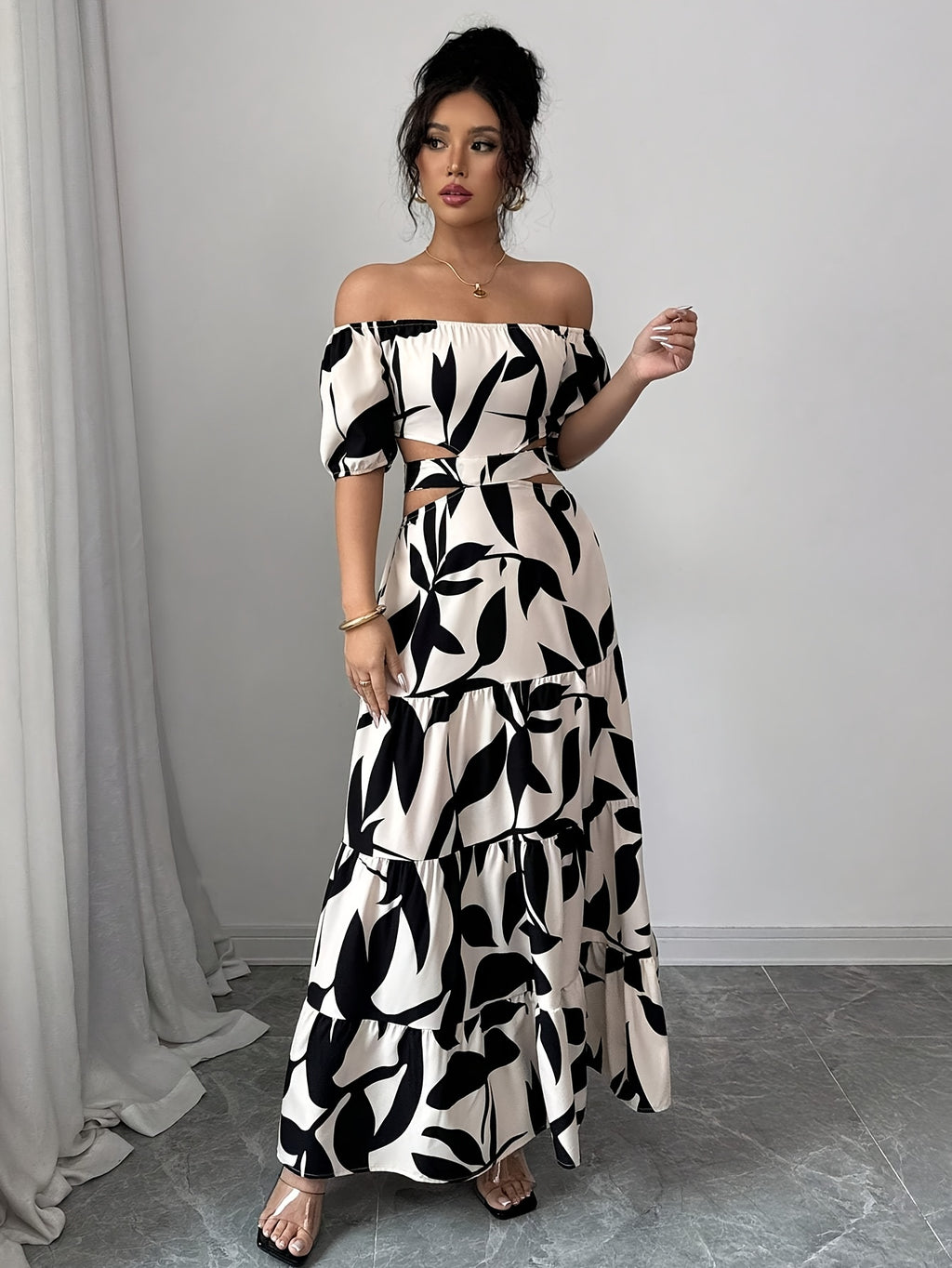 Women'S Off-Shoulder Floral Print Maxi Dress with Belt - Elegant Asymmetrical Hem, Sleeveless Vacation Dress in Black & White Floral Pattern, Lightweight Polyester for Summer Getaways, Cute Summer Dresses