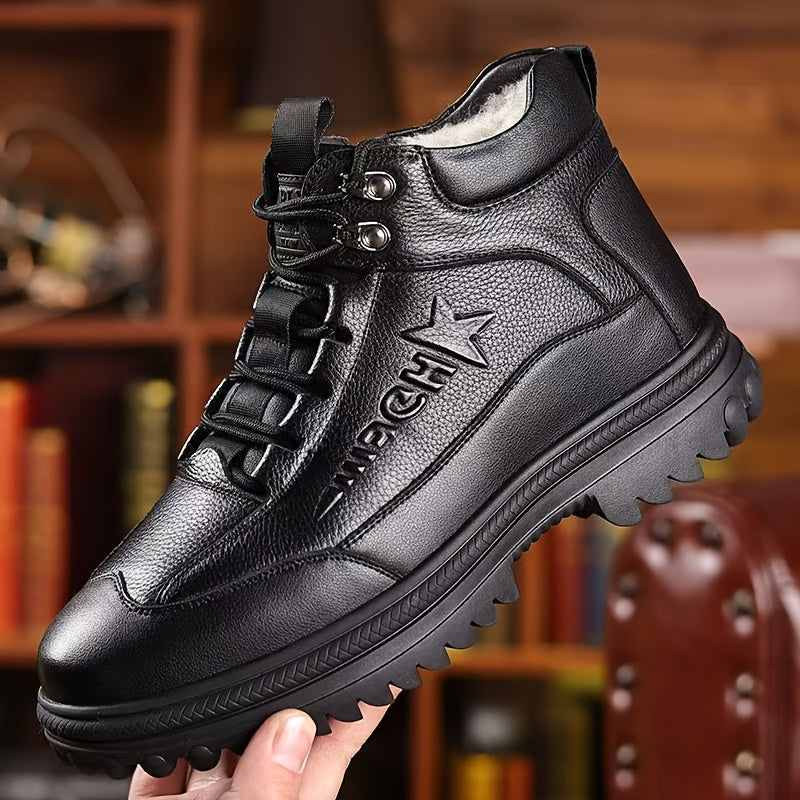 Men's Genuine Leather Casual Fashion Snow Boots, High-Top Lined Warm Snow Boots for Middle-Aged and Elderly Fathers, Model 6388