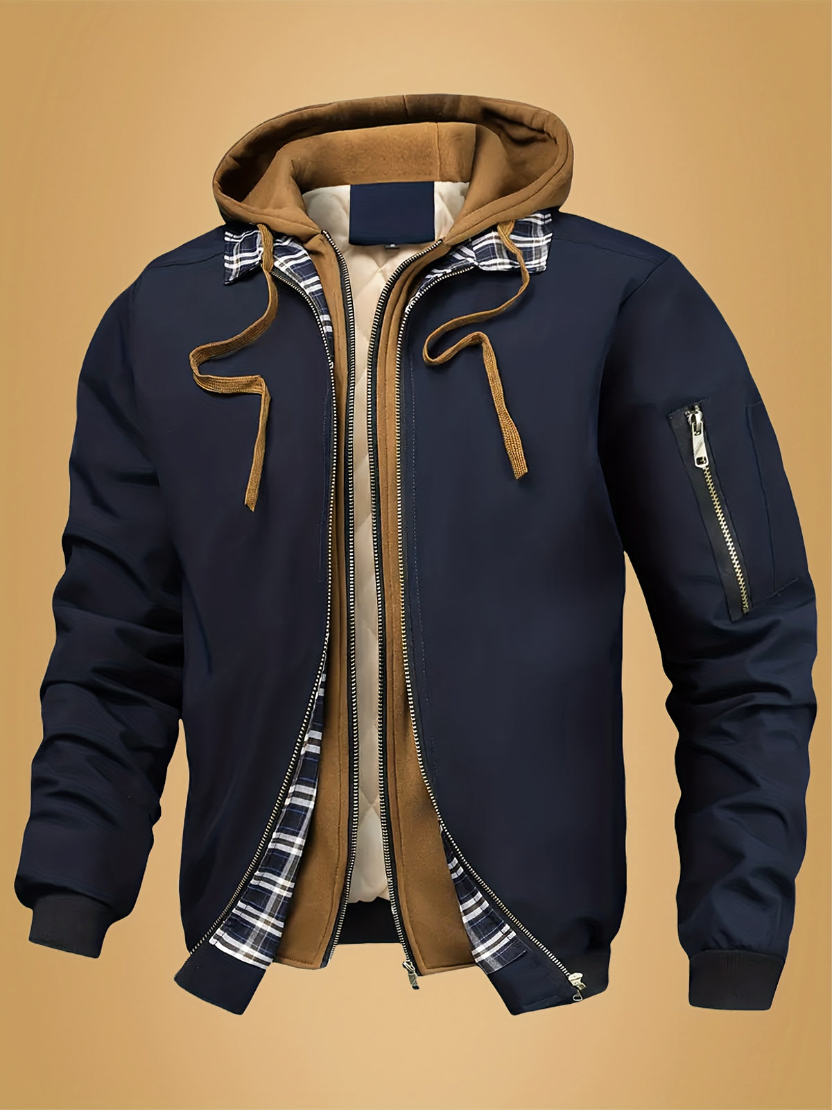 Men's plaid hooded zipper jacket - casual loose fit, brown and black plaid pattern, drawstring hat, long sleeves, polyester lining, perfect for spring, autumn and winter | autumn and winter jacket | plaid pattern jacket | zipper jacket, Outdoor