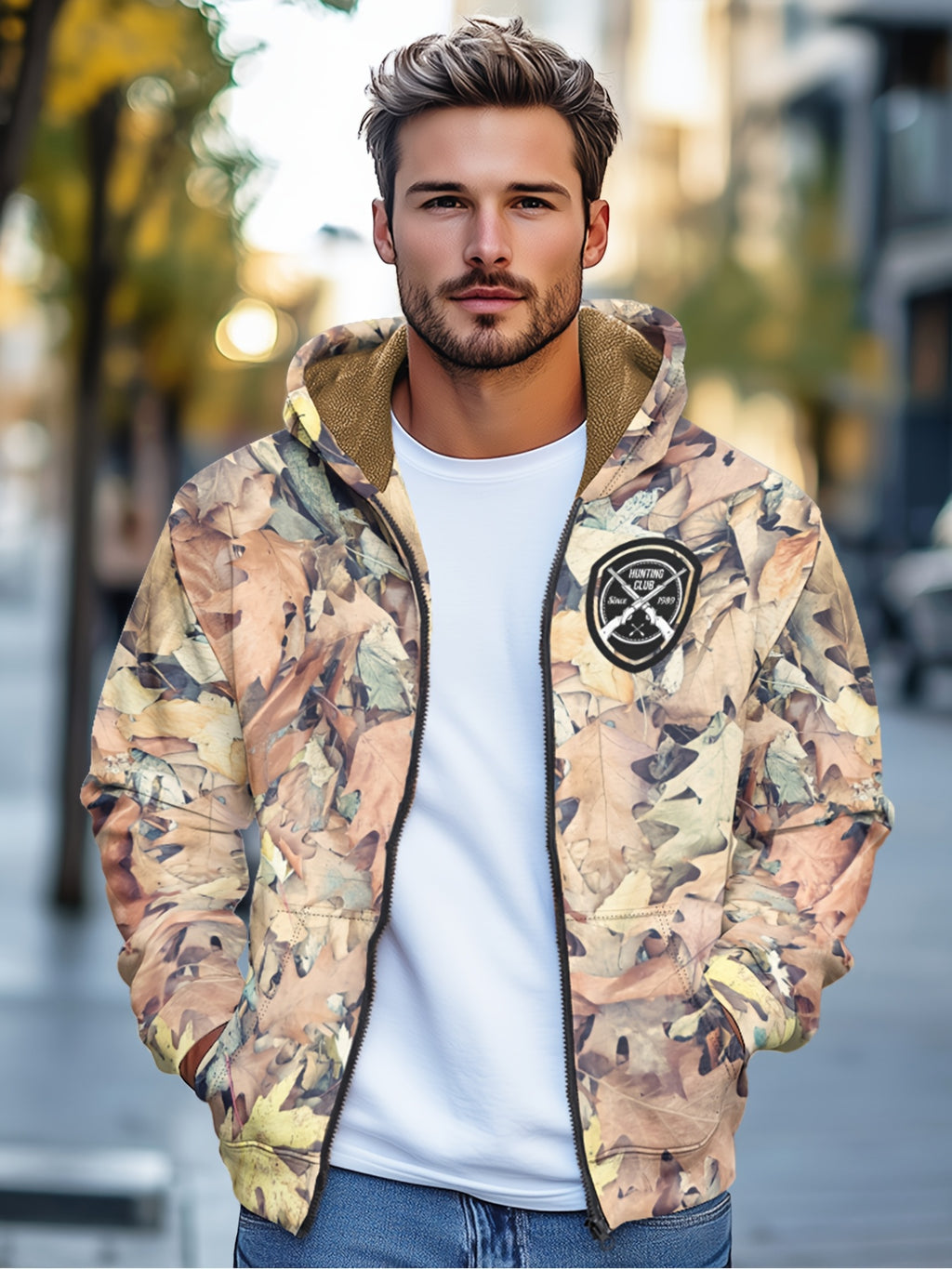 Men'S Autumn Winter Leaf Print Casual Matching Fleece Lined Zip-Up sweatshirt, Hunting