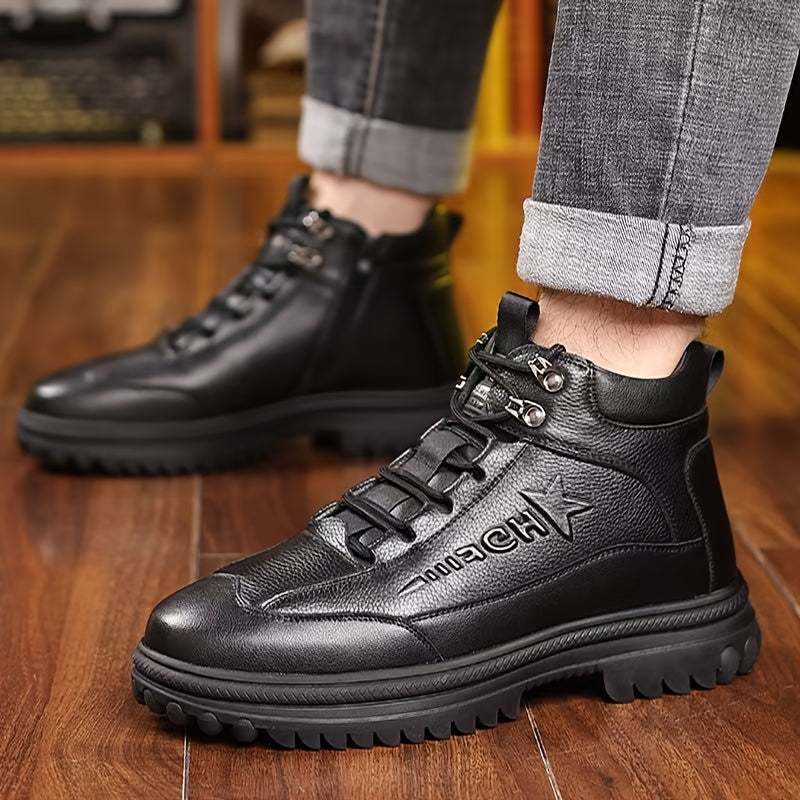 Men's Genuine Leather Casual Fashion Snow Boots, High-Top Lined Warm Snow Boots for Middle-Aged and Elderly Fathers, Model 6388
