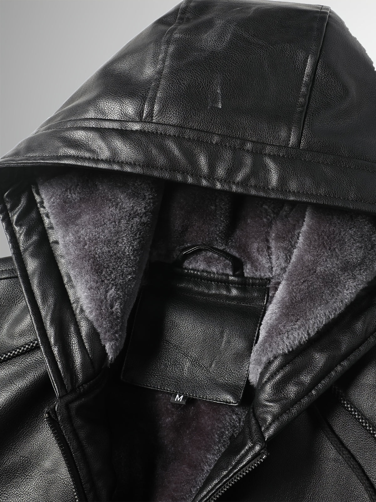 Men's Sherpa Lined PU Leather Jacket Warm Winter Hooded Motorcycle Jacket High Quality And Windproof Leather Biker Jacket Drawstring