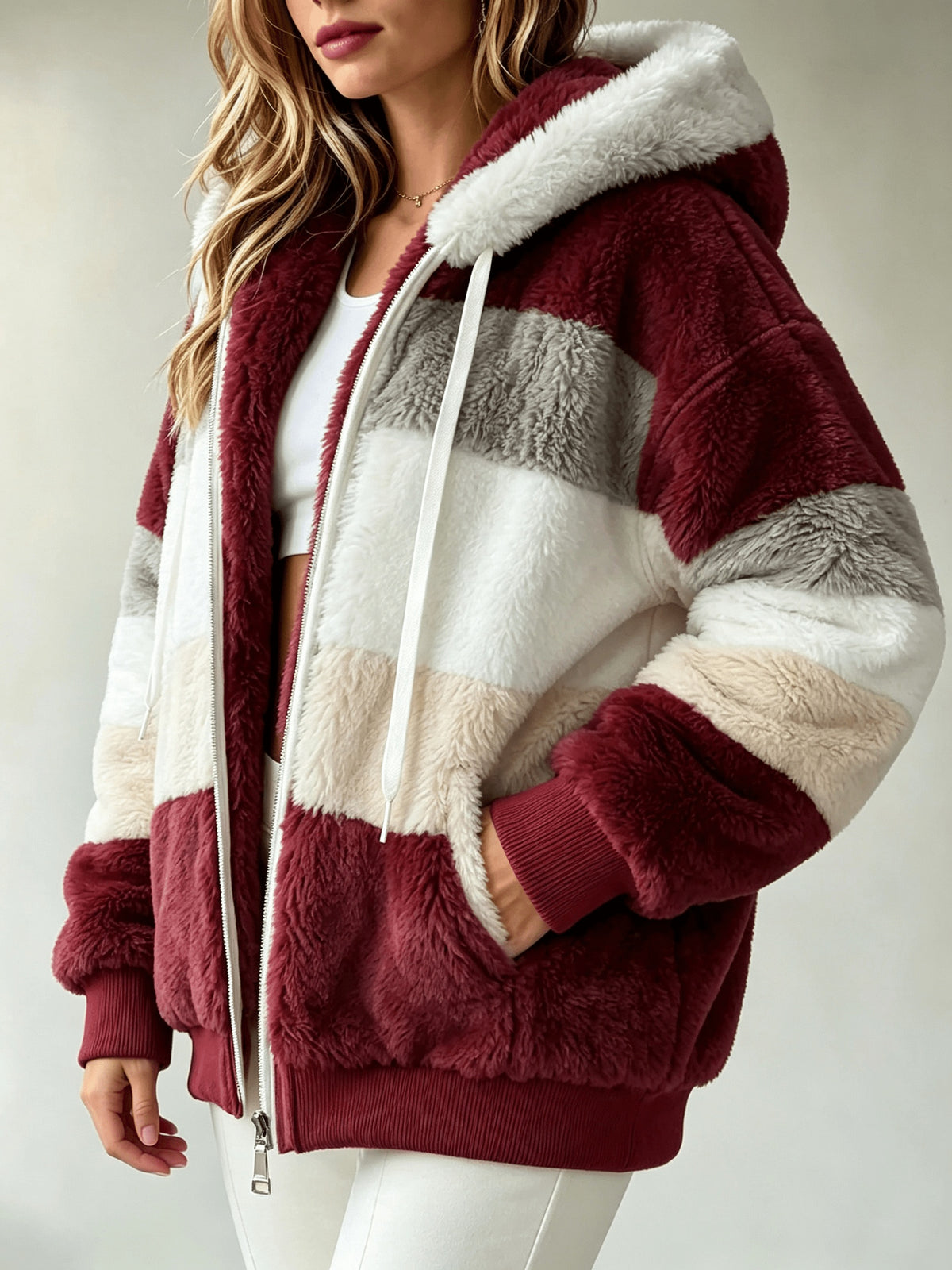 Women's Coats, Women's Color-block Striped Hooded Zip Teddy Coat, Loose Outerwear Made Of Fluffy Faux with Multi-tone Splicing, Drawstring Hood with Pockets, Warm Plush Coat for Winter