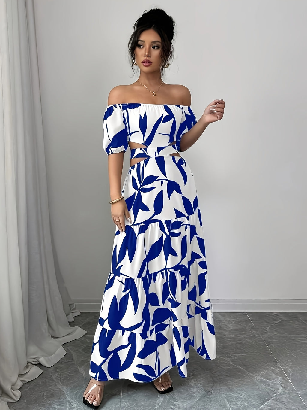 Women'S Off-Shoulder Floral Print Maxi Dress with Belt - Elegant Asymmetrical Hem, Sleeveless Vacation Dress in Black & White Floral Pattern, Lightweight Polyester for Summer Getaways, Cute Summer Dresses